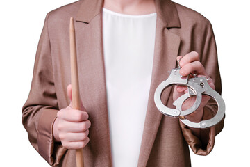 Woman teacher holding handcuffs in her hands on a isolated on a white background, close-up