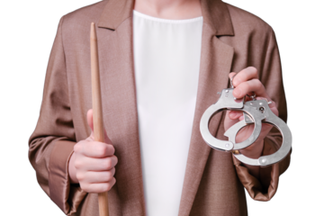 Woman teacher holding handcuffs in her hands on a isolated on a white background, close-up