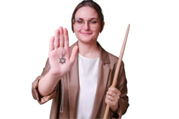 Happy woman teacher with jewish religious symbol star of david on isolated on a white background, copy space