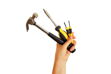 Hammer and screwdriver in hand, isolated on a white background. Construction tools at arm's length - obrazy, fototapety, plakaty
