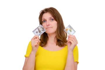 Woman holds torn new hundred dollar bill, closeup, isolated on a white background