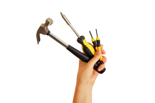 Hammer and screwdriver in hand, isolated on a white background. Construction tools at arm's length