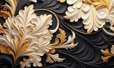 3D render of abstract fractal background with gold and black elements.
