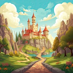 An illustration of an imaginary fantasy world. Kingdom. Cartoon castle and towers. Realm. A fairytale castle. Game art. Game setting. Game location, map. Royalty. A fortress on a hill. Citadel