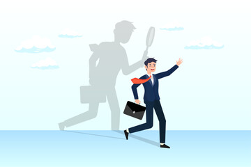 Businessman walking with shadow using magnifying glass to analyse himself, self assessment or self analysis process to know yourself and discover plan or goal for living or work and career (Vector) - obrazy, fototapety, plakaty