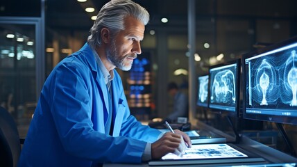 A man doctoring a brain CT scan. - obrazy, fototapety, plakaty