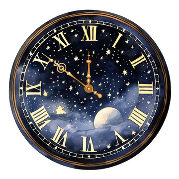 This watercolor art of a clock pointing to 12 AM midnight illustration is perfect for New Year's Eve countdown party decor. Capturing the essence of celebration and vibrant festive cheers.