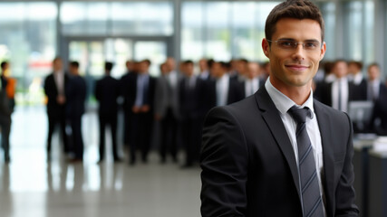 Professional man in suit and tie confidently stands in front of group of people. Leadership, teamwork, business presentations, or corporate meetings.