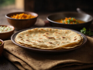 Indian chapati tortillas on a wooden board Traditional Indian food