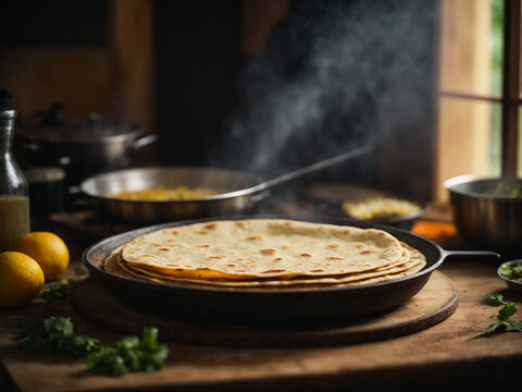 Indian chapati tortillas on a wooden board Traditional Indian food