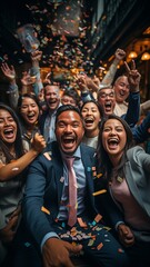A picture of ecstatic, diverse workers celebrating a joint company achievement or win is shown, with confetti flying all around them.. - obrazy, fototapety, plakaty