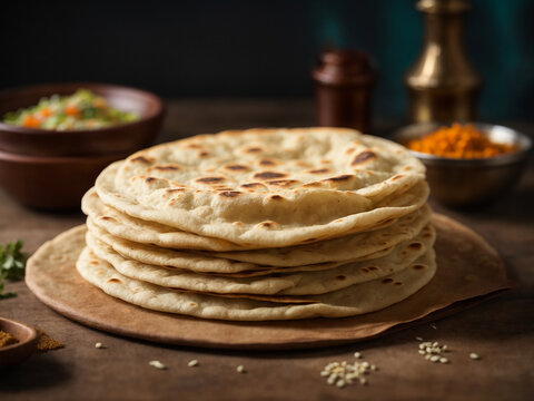 Indian chapati tortillas on a wooden board Traditional Indian food