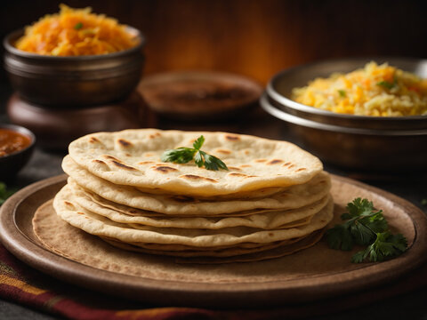 Indian chapati tortillas on a wooden board Traditional Indian food