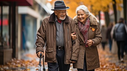 Elderly woman walking with a folding walker and an elderly man with a cane.