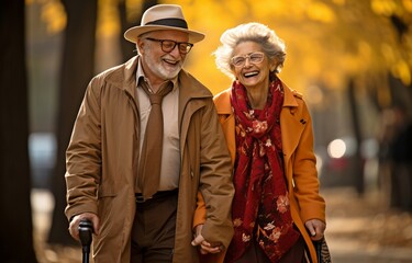 Elderly woman walking with a folding walker and an elderly man with a cane.