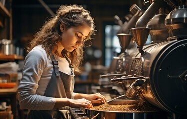 Fototapeta na wymiar A young woman is shown in a side shot, using machines at a coffee roastery. .