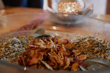 Dried herbs and spices for pagan ritual in sauna