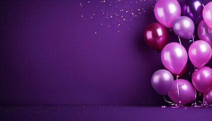 Joyful Atmosphere: Floating Purple party Balloons Create a Festive Banner on a Purple Background
