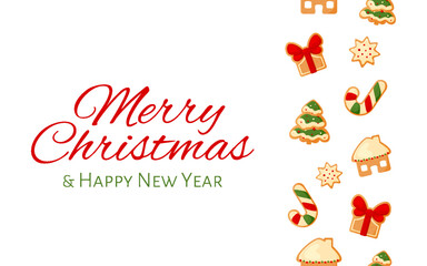 Christmas ginger cookie banner greeting new year card flat. Candy cane gift xmas tree star snowflake confetti icing dessert gingerbread festive flyer sweet decorated background invitation