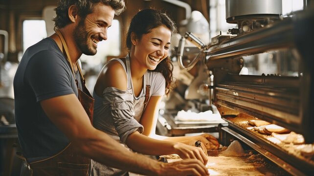 Two teenagers using machinery in the food factory's workshop to produce coffee.