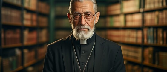 Smiling senior priest in waist-up photo holding a Bible and grinning as he stands in front of a green wall in his office.. - obrazy, fototapety, plakaty