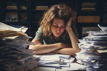 Stressed and exhausted office worker with pile of document on desk without comeliness