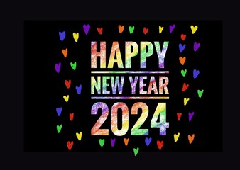 Happy New Year 2024 greeting card, decorated rainbow colors mini hearts, black background. Concept, greeting card for welcoming the new year 2024. Symbol of LGBT community celebration around the world