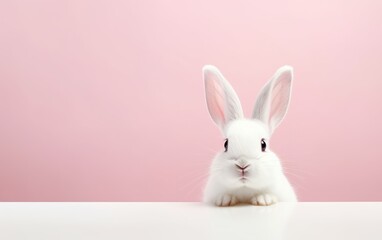 Obraz premium Cute smiling rabbit isolated with copy space for Easter pink background. Adorable fluffy bunny animal pet.