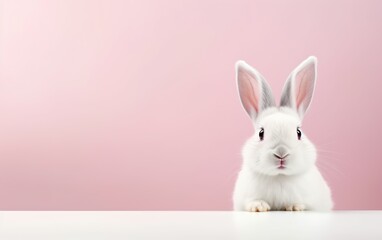 Cute smiling rabbit isolated with copy space for Easter pink background. Adorable fluffy bunny animal pet.