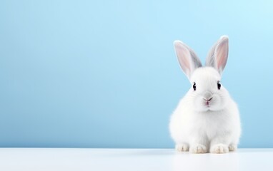 Obraz premium Cute smiling rabbit isolated with copy space for Easter blue background. Adorable fluffy bunny animal pet.