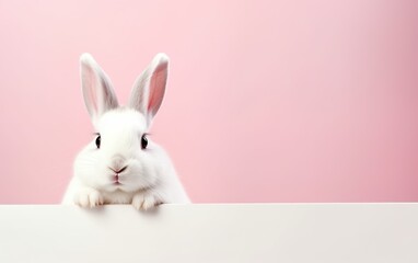 Cute smiling rabbit isolated with copy space for Easter pink background. Adorable fluffy bunny animal pet.