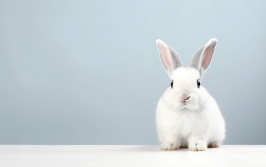 Obraz premium Adorable smiling rabbit isolated with copy space for Easter gray background. Fluffy bunny, animal pet.