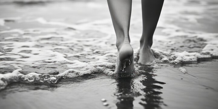 Woman's Feet Walking In Surf, Close-up Photography, Black And White, Heavy Depth Of Field Effect 