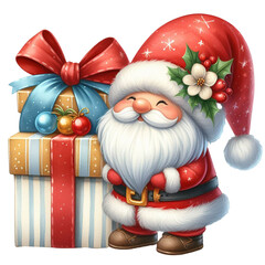 cute gnome santa claus cartoon hand draw cartoon style and christmas tree, santa holding gift box with candy cane watercolor clipart on png transparency