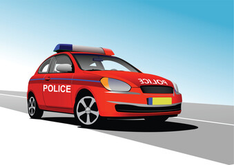 Police car on city panorama background. Hand drawn Vector illustration by Adobe Illustrator