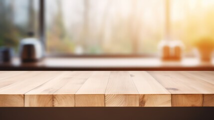 Wooden table with kitchen blur background 