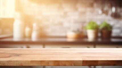 Fototapeta na wymiar Wooden table with kitchen blur background 