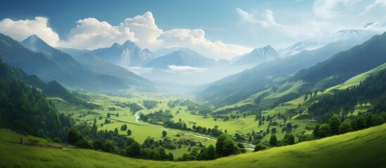 Beautiful landscape green valley in mountains with blue sky view