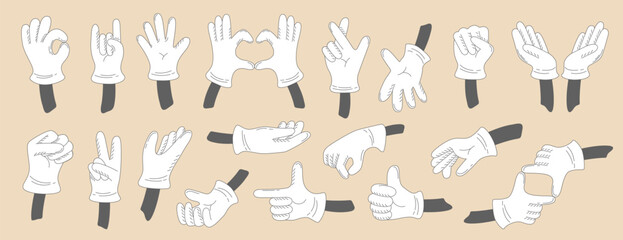 Set of hands drawn in cartoon style. Vector images of hands in different poses. Non-verbal or manual communication, hand language, hand gestures.