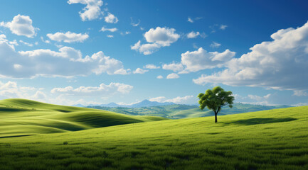 a green grass field with a tree, beauty landscapes