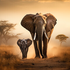 Fototapeta na wymiar A heartwarming scene of a mother elephant and her calf walking side by side