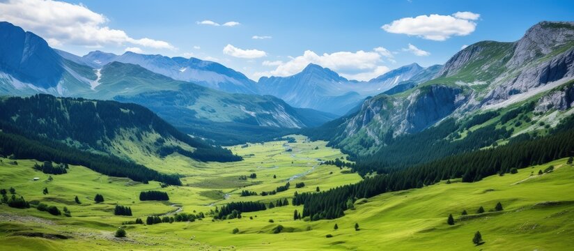 Amazing landscape green valley in mountains with blue sky view