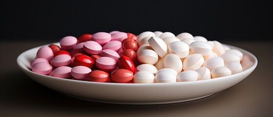 a plate with red, pink and white pills
