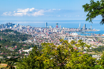 travel to Georgia - green trees and view of Batumi city with suburb from Sameba hill on background on sunny autumn day