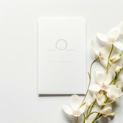 mockup of white wedding invitation card on a white background table with flowers
