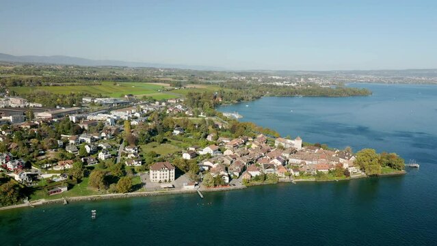 Saint-Prex Village By Lake Geneva On A Sunny Day In Vaud, Switzerland. - helicopter shot