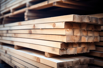 Stack of wooden planks at sawmill warehouse