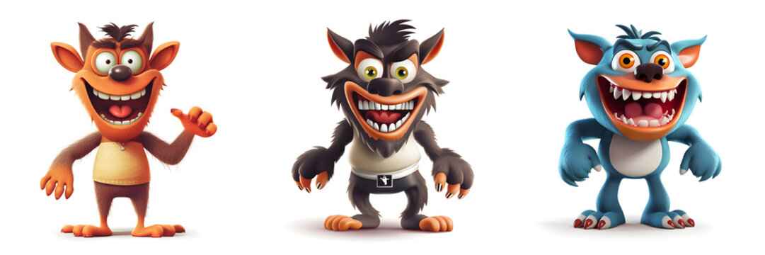 funny 3D werewolf character set isolated on white background