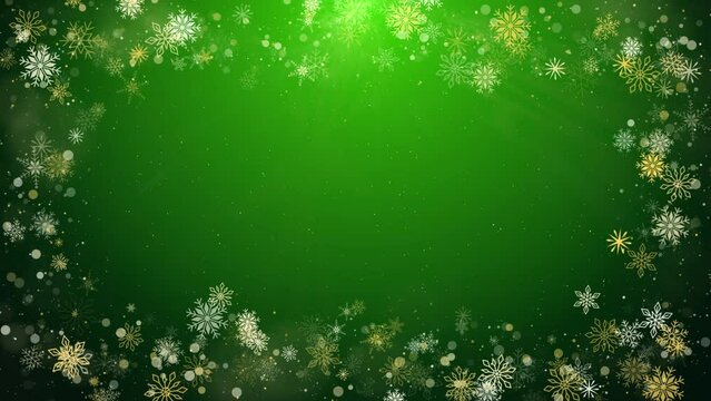 Gold snowflake border on green winter animate background. Christmas decoration loop screensaver. Copy space.