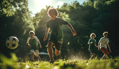 young boys playing soccer with the ball outside - obrazy, fototapety, plakaty